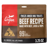 ORIJEN Freeze Dried Beef Recipe bag front view for a packable, high-protein treat.