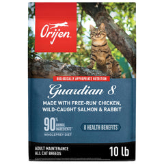 ORIJEN Guardian 8 grain-free bag shows premium dry cat food for active cats.