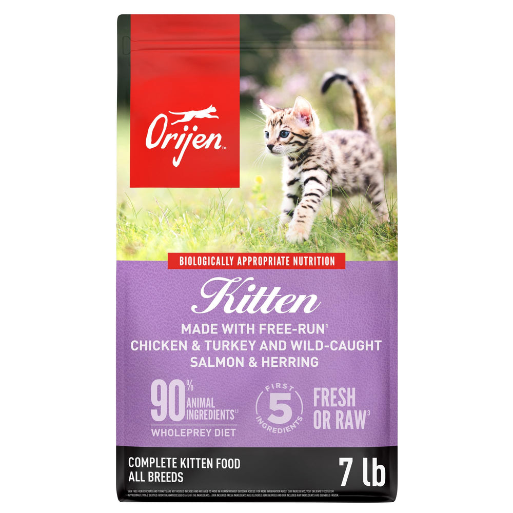 ORIJEN kitten grain-free dry food bag close-up highlighting premium protein for growing cats