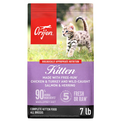 ORIJEN kitten grain-free dry food bag close-up highlighting premium protein for growing cats