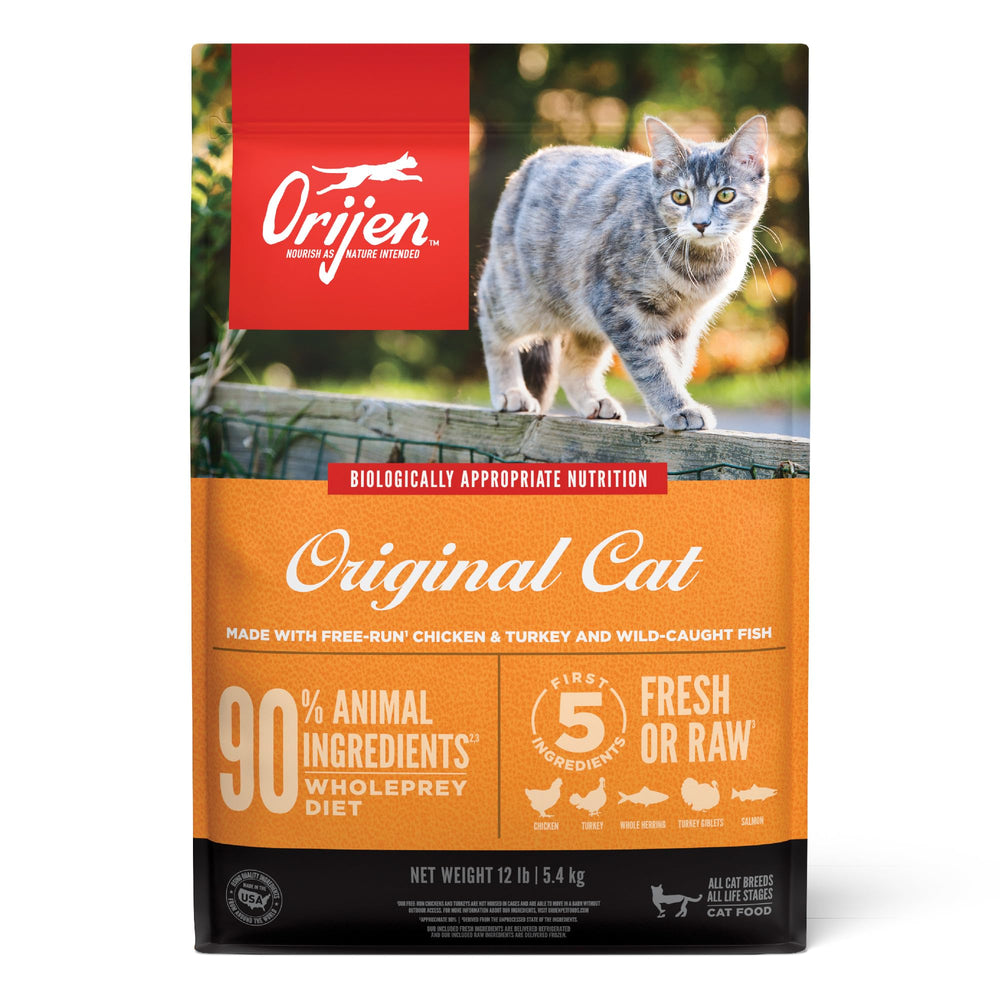 ORIJEN Original cat food 12lb bag closeup, high-protein grain-free formula supports digestion