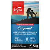 ORIJEN Original 23.5 lb bag with grain-free formula for protein-forward meals.