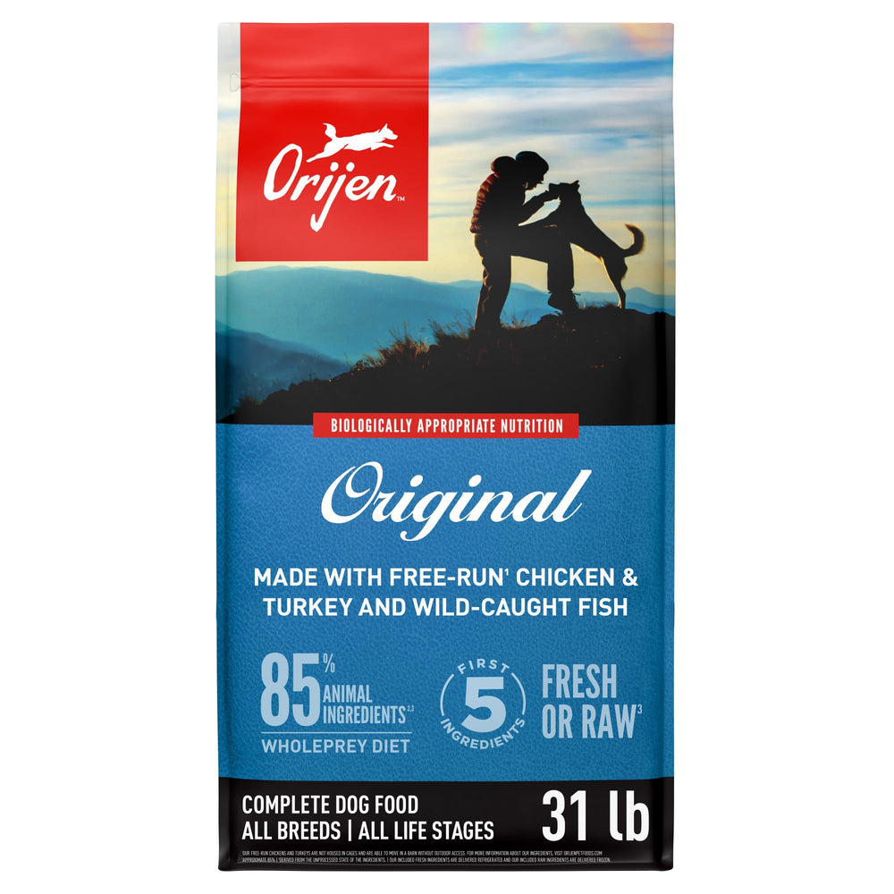 ORIJEN Original dry dog food bag showing grain-free formula for healthy skin and coat