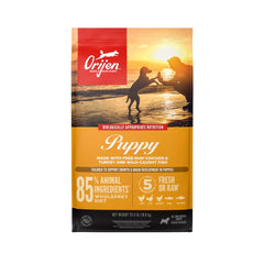 ORIJEN Puppy grain-free dry food bag front highlights protein-rich nutrition for growing puppies.