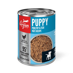 Close-up of ORIJEN Puppy Pate label highlighting WholePrey ingredients