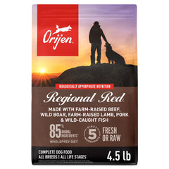 ORIJEN Regional Red dry dog food bag shows premium high-protein formula for active dogs