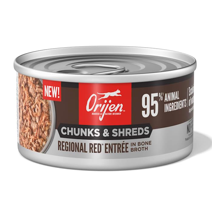 ORIJEN Regional Red Entree can label shows premium ingredients for real meat texture.