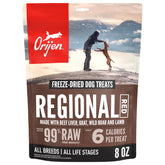 ORIJEN Regional Red freeze-dried dog treats in 8oz bag for easy training rewards.