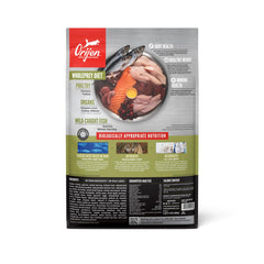 Orijen Senior close-up of first five ingredients: chicken, turkey, salmon, herring, liver.