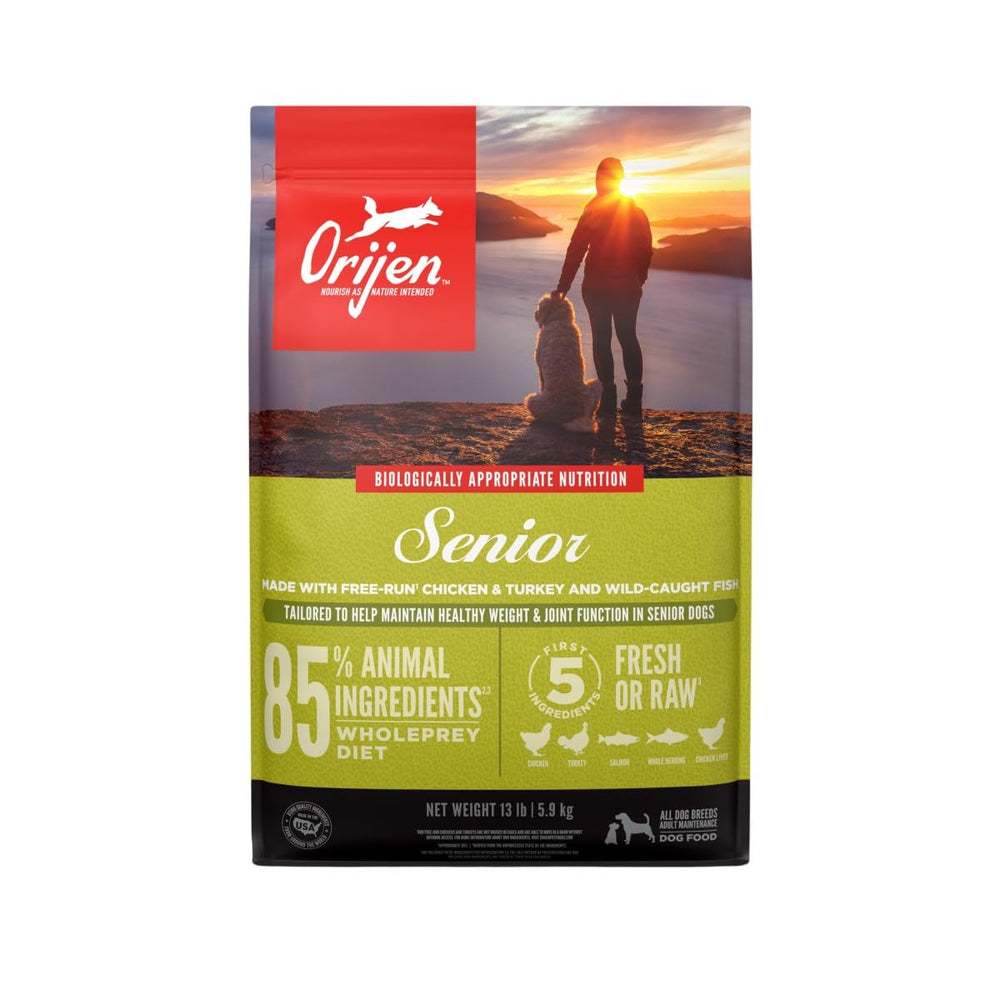 Orijen Senior grain-free dry dog food bag front view for seniors.