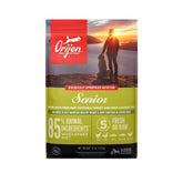 Orijen Senior grain-free dry dog food bag front view for seniors.