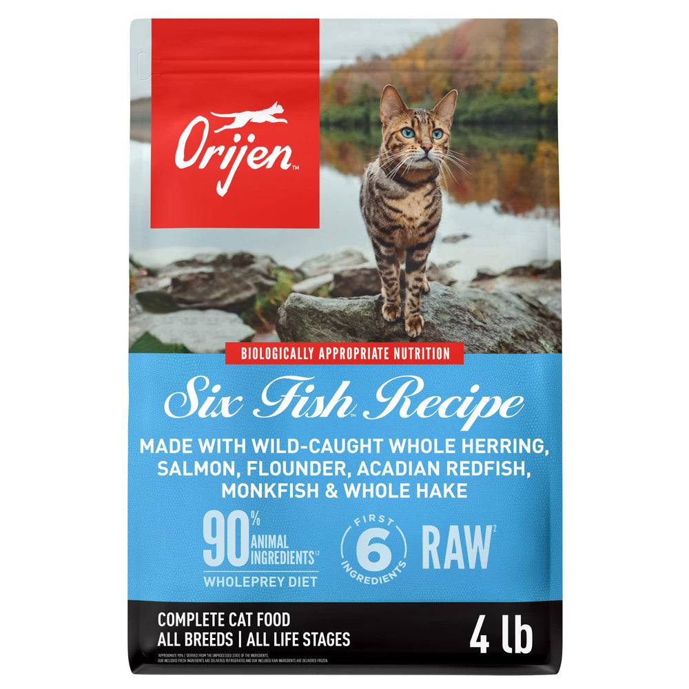 ORIJEN Six Fish dry cat food bag shows grain-free, protein-rich nourishment for cats.