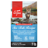 ORIJEN Six Fish dry cat food bag highlighting high-protein, grain-free formula