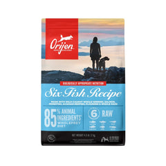 ORIJEN Six Fish dry dog food bag; grain-free formula supports coat health