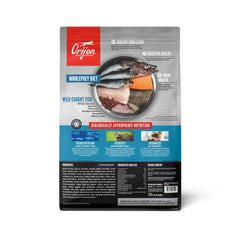 ORIJEN Six Fish kibble closeup highlights high-protein bites for a healthier coat.