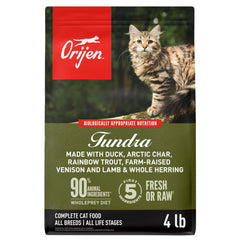 ORIJEN TUNDRA 4lb bag grain-free formula for lean muscle and activity.