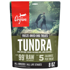 ORIJEN Tundra freeze-dried dog treats in 8oz bag for training rewards.