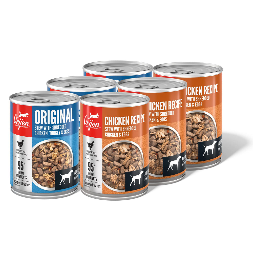 ORIJEN variety-pack front view with 6 cans for varied meals.