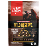 ORIJEN Wild Reserve 12lb bag showcasing protein-forward dog food for premium meals