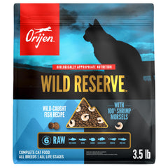 ORIJEN Wild Reserve Dry Cat Food with visible WholePrey ingredients for balanced nutrition.
