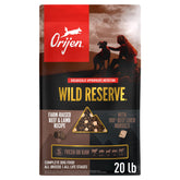 ORIJEN Wild Reserve 20lb bag features premium high-protein beef and lamb diet.