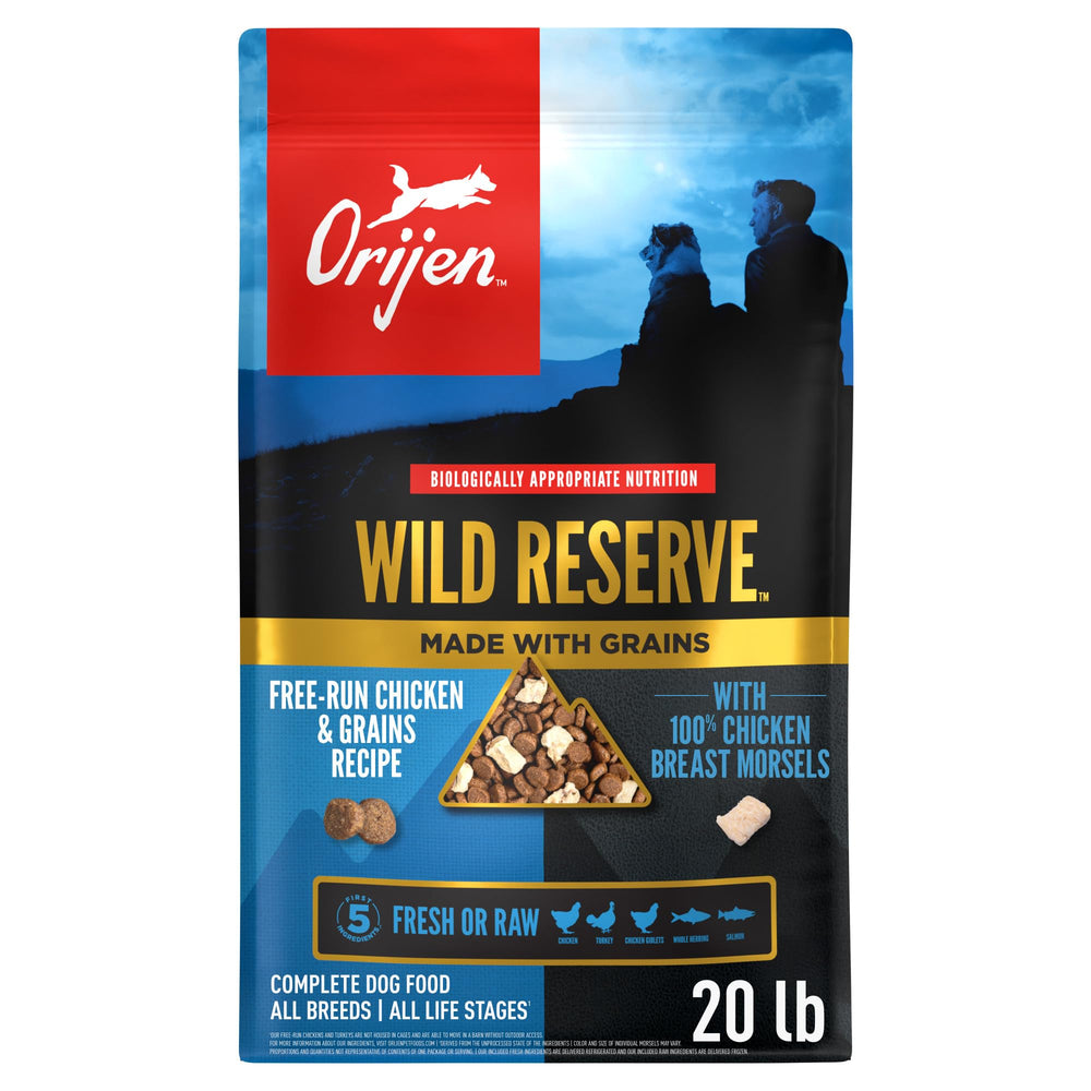 ORIJEN Wild Reserve bag front view highlighting premium ingredients for active dogs