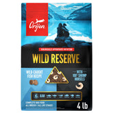 ORIJEN Wild Reserve dry dog food bag showing complete meals with wild-caught fish.