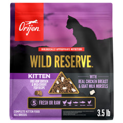 ORIJEN Wild Reserve kitten kibble with chicken and fish for protein.