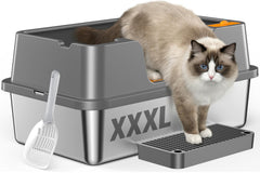 OROLEY XXXL stainless steel litter box with lid, spacious for big cats and multi-cat homes.