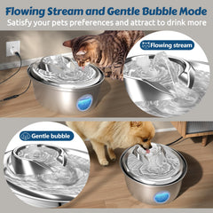 Dual concave bowls support cats and small to medium dogs at the fountain.