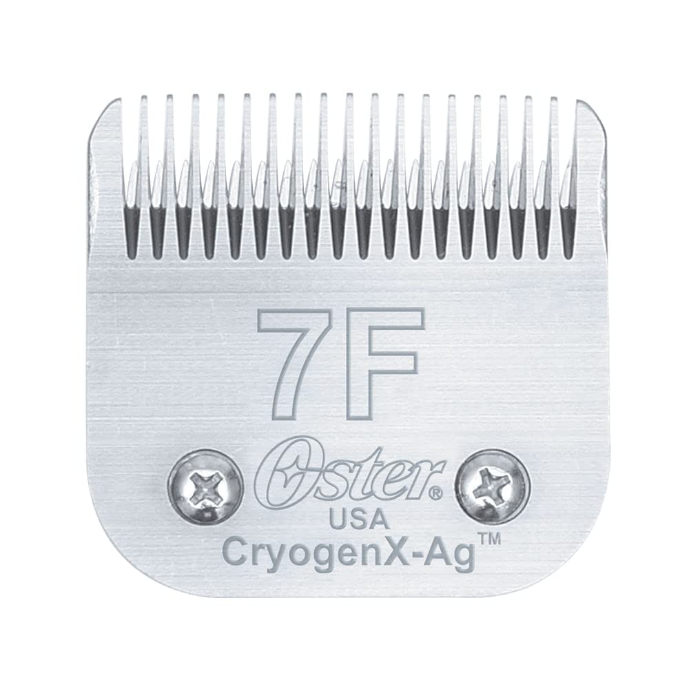 Oster CryogenX Size 7F blade close-up showing heat-treated toughness.