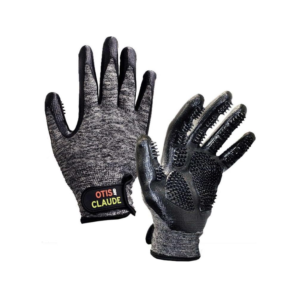 Otis & Claude grooming gloves with five-finger design for easy pet massage.