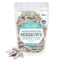 Otis & Pearly minnow package front, single-ingredient treat for indoor training.