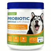 OurCares Probiotics for Dogs bottle front showing a tasty chew for digestive support.