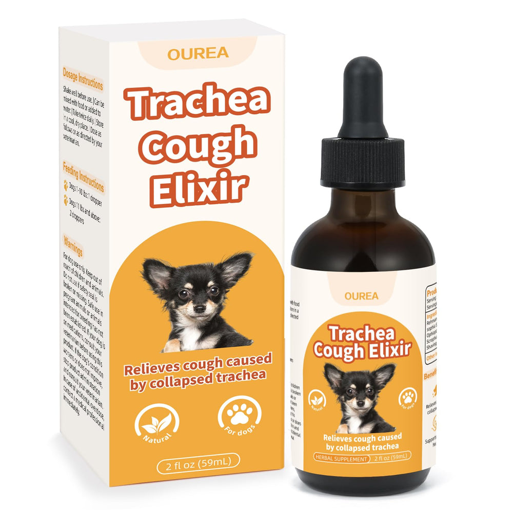 Ourea Collapsed Trachea Drops bottle illustrating herbal respiratory support for dogs.