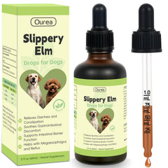 Ourea Slippery Elm Drops bottle pour demonstrating easy administration for canine digestion support.
