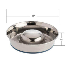 OurPets DuraPet slow feed bowl close-up on heavy-duty stainless steel construction