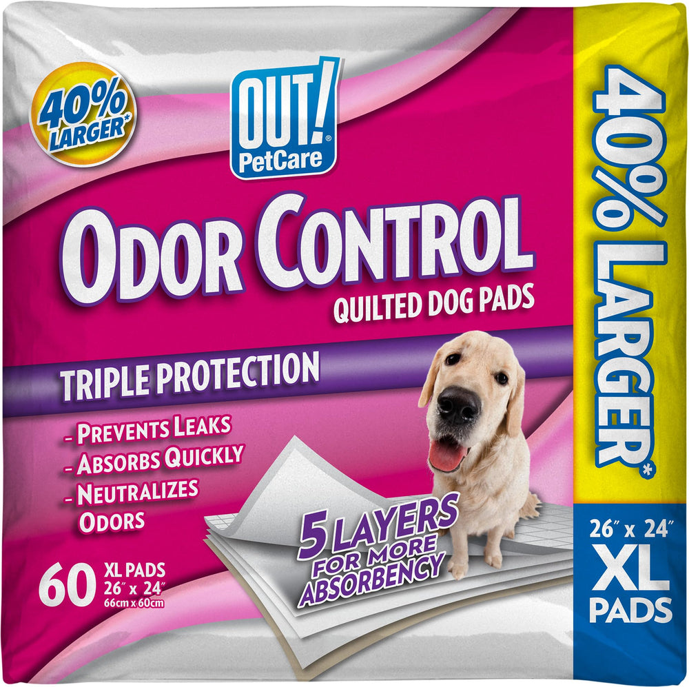 OUT! PetCare XL training pads top sheet close-up shows tear-resistant surface for clean setup.