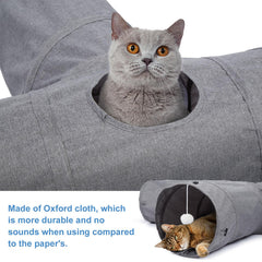 Ownpets cat tunnel features feather toy and drop ball for curiosity.