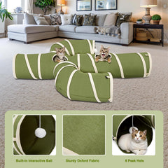 Ownpets cat tunnel shows peepholes in green design for quick peeks and exploration.