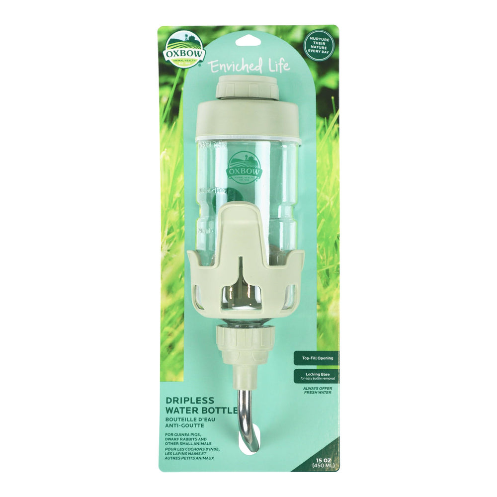Oxbow Enriched Life dripless water bottle assembly attached to a cage for clean hydration