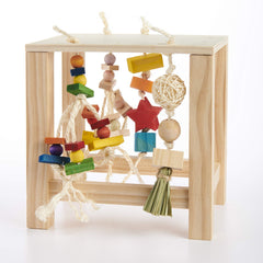 Oxbow Enriched Life Play Table dangling toys show varied textures for playful engagement.