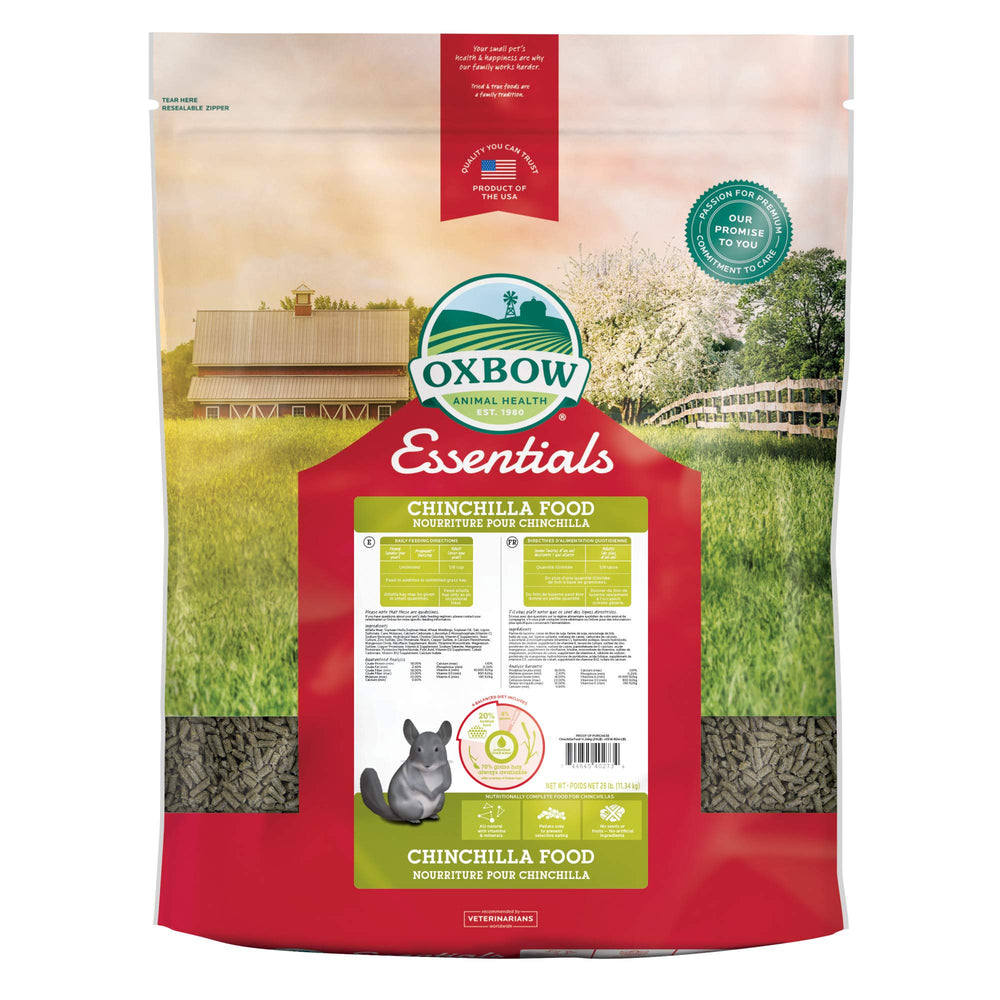Oxbow Essentials chinchilla food bag highlights a high-fiber energy formula.