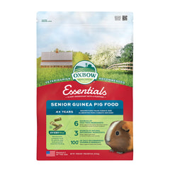 Oxbow Essentials Senior Guinea Pig Food bag shows high-fiber nutrition for older pets