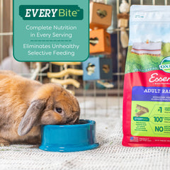 Oxbow Essentials vitamins and minerals panel shows fortified nutrients for rabbit health.