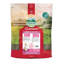 Oxbow Essentials Young Rabbit Food pellets in a bag, highlighting convenient bulk packaging for growing rabbits.