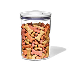 OXO Good Grips Pet POP container on counter stores up to 3 pounds of dog food.