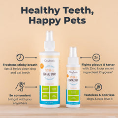 Oxyfresh spray shown on a dog portrait for fresh breath.