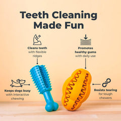 Oxyfresh dog dental chew toy showing gum massage ridges during play.