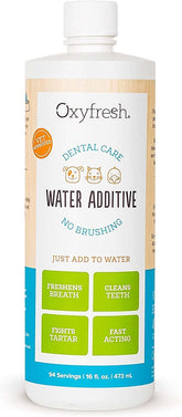 Oxyfresh Premium Pet Dental Care Solution bottle shown; supports fresher breath in dogs and cats.